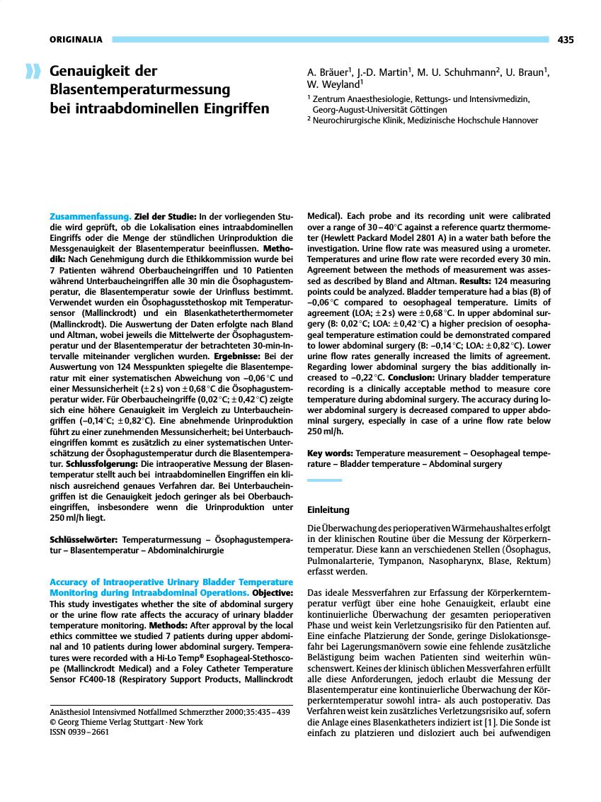 Vorschauseite 1: Genauigkeit der Blasentemperaturmessung bei intraabdominellen Eingriffen