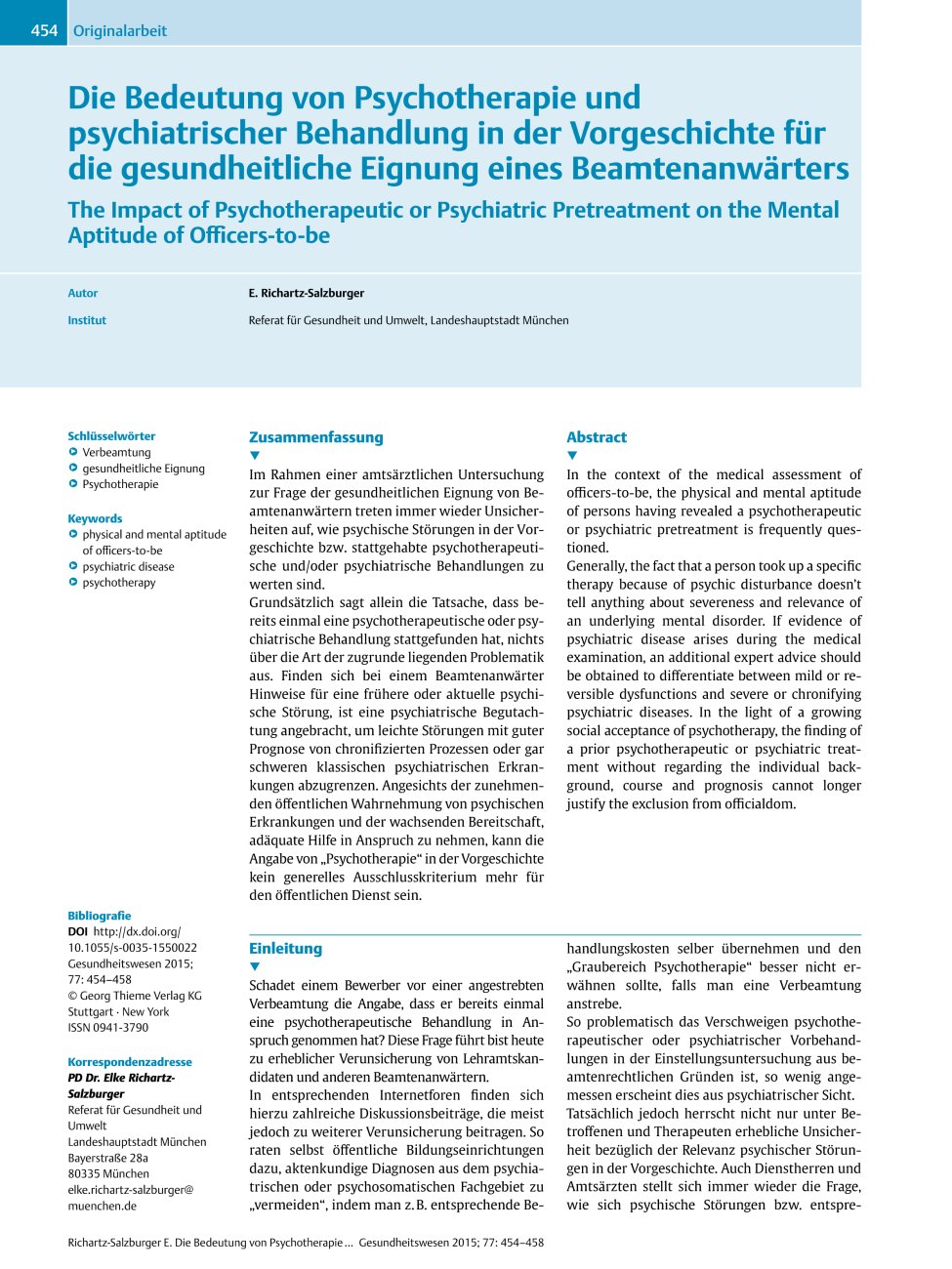Vorschauseite 1: Die Bedeutung von Psychotherapie und psychiatrischer Behandlung in der Vorgeschichte für die gesundheitliche Eignung eines Beamtenanwärters