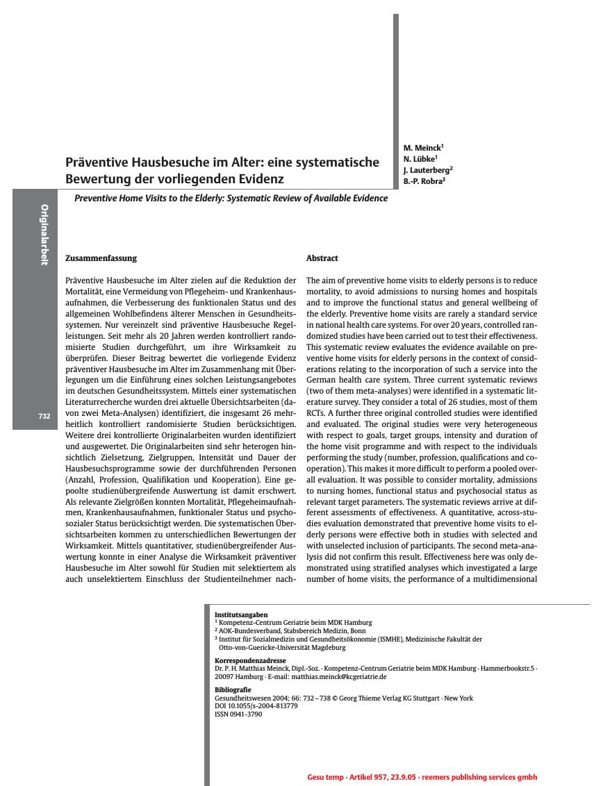 Vorschauseite 1: Präventive Hausbesuche im Alter: eine systematische Bewertung der vorliegenden Evidenz