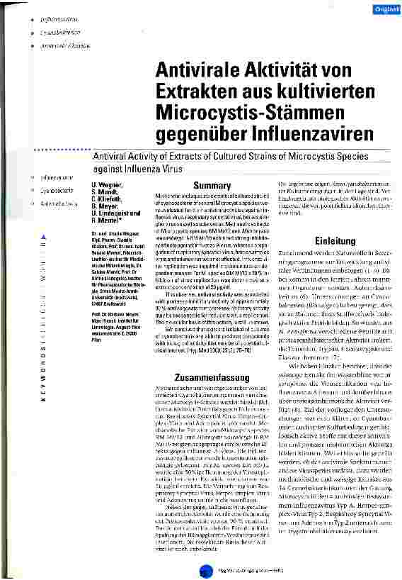 Vorschauseite 1: Antivirale Aktivität von Extrakten aus kultivierten Microcystis-Stämmen gegenüber Influenzaviren