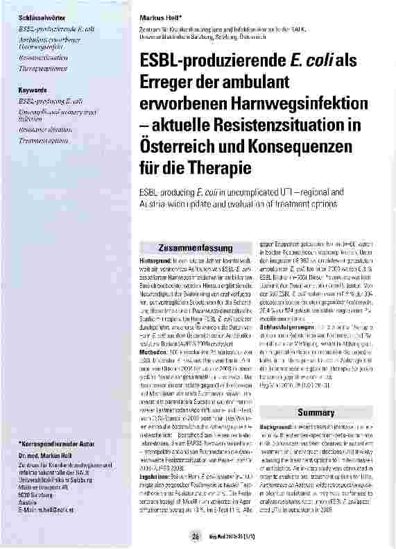 Vorschauseite 1: ESBL-produzierende £ coli als Erreger der ambulant erworbenen Harnwegsinfektion -aktuelle Resistenzsituation in■ ■Osterreich und Konsequenzen für die Therapie