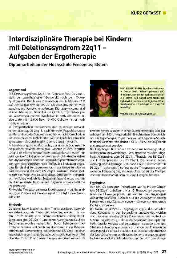Vorschauseite 1: Interdisziplinäre Therapie bei Kindern mit Deletionssyndrom 22q11 -Aufgaben der Ergotherapie