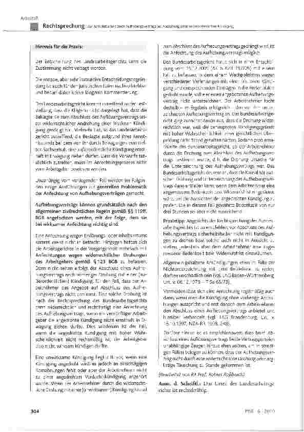 Vorschauseite 5: Zur Anfechtbarkeit eines Aufhebungsvertrags bei Androhung einer außerordentlichen Kündigung