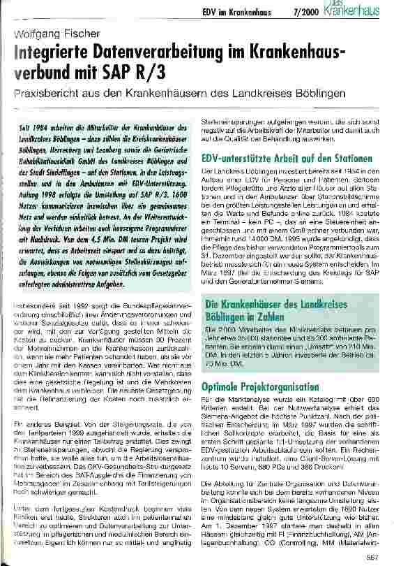 Vorschauseite 1: Integrierte Datenverarbeitung im Krankenhausverbund mit SAP R/3 Praxisbericht aus den Krankenhäusern des Landkreises Böblingen