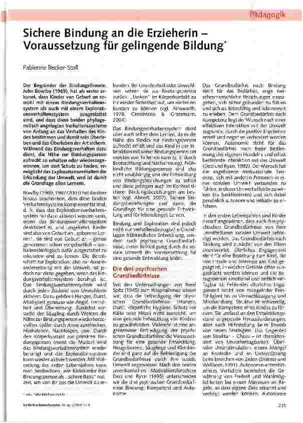 Vorschauseite 1: Sichere Bindung an die Erzieherin -Voraussetzung für gelingende Bildung
