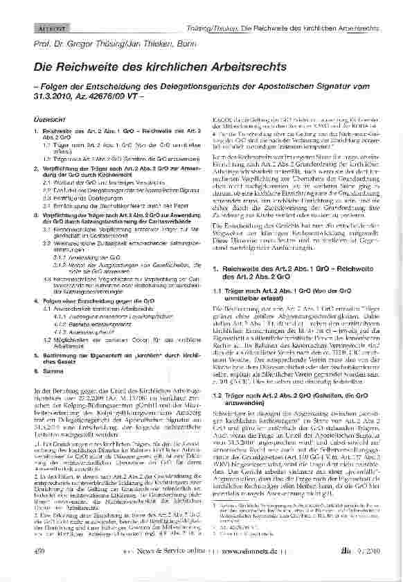 Vorschauseite 1: Die Reichweite des kirchlichen Arbeitsrechts