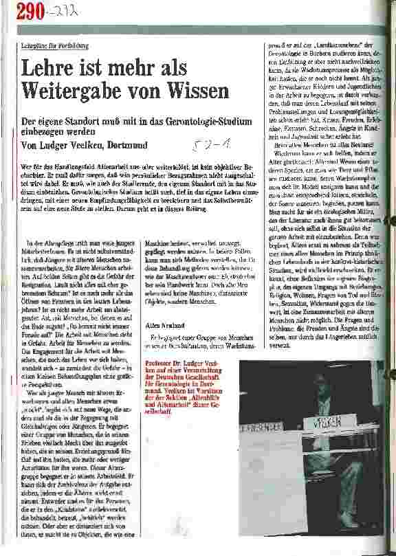 Vorschauseite 1: Lehrpläne für Fortbildung: Lehre ist mehr als Weitergabe von Wissen. Der eigene Student muß mit in das Gerontologie-Studium einbezogen werd