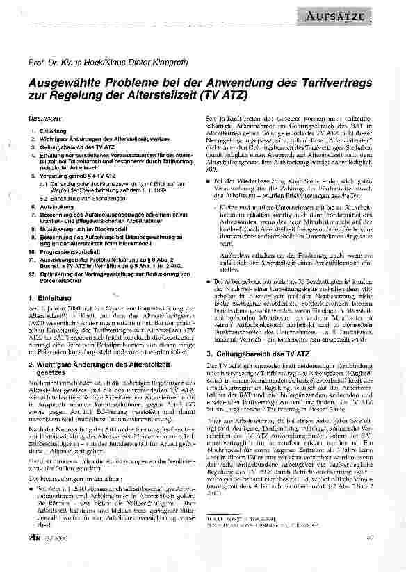 Vorschauseite 1: Ausgewählte Probleme bei der Anwendung des Tarifvertrags zur Regelung der Alterstellzeit (TV ATZ)