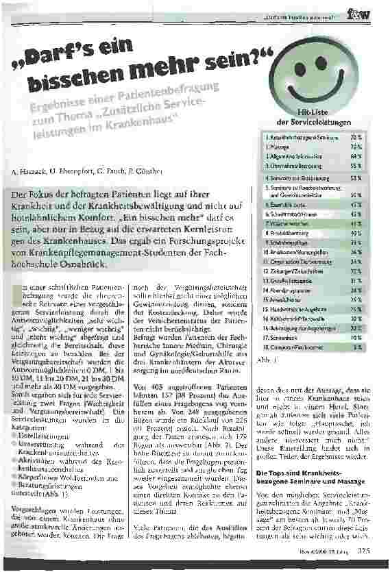 Vorschauseite 1: Darfs ein bisschen mehr sein? Ergebnisse einer Patientenbefragung zum Thema Zusätzliche Serviceleistungen im Krankenhaus