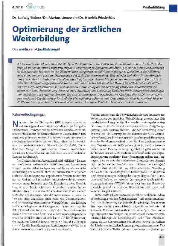 Vorschauseite 1: Optimierung der ärztlichen Weiterbildung