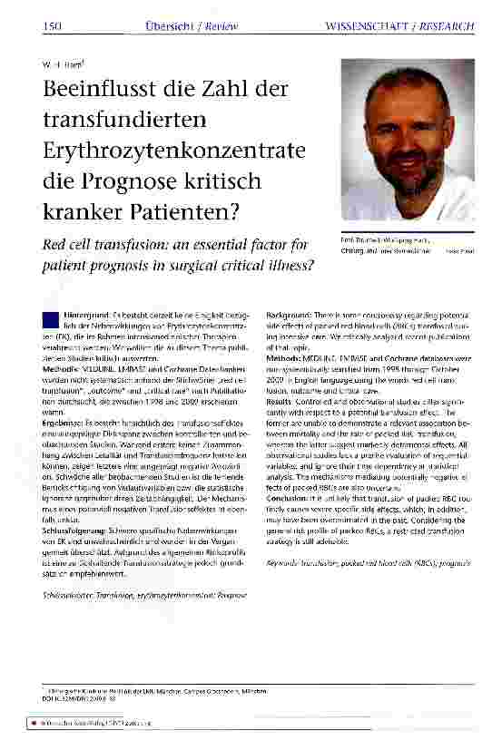 Vorschauseite 1: Beeinflusst die Zahl der transfundierten Erythrozytenkonzentrate die Prognose kritisch kranker Patienten?