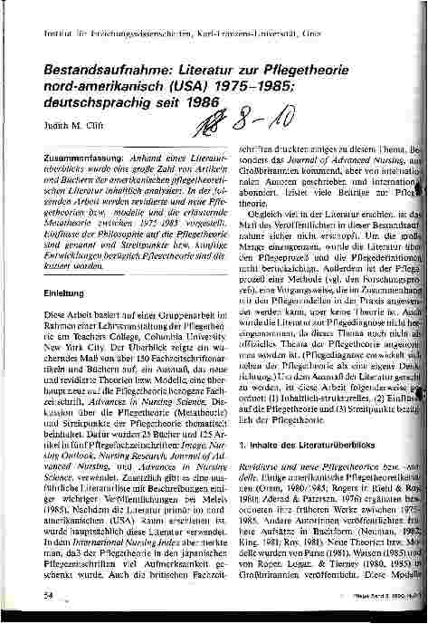 Vorschauseite 1: Bestandsaufnahme: Literatur zur Pflegetheorie nord-amerikanisch (USA) 1975-1985; deutschsprachig seit 1986