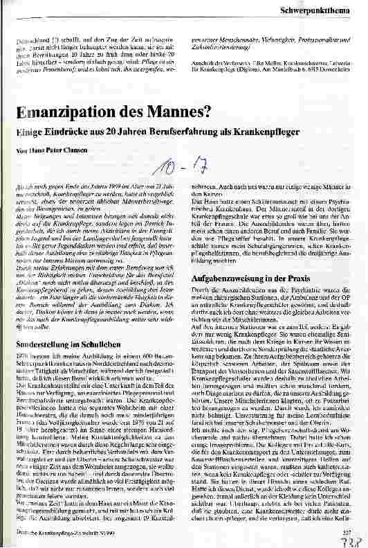 Vorschauseite 1: Emanzipation des Mannes? Einige Eindrücke aus 20 Jahren Berufserfahrung als Krankenpfleger