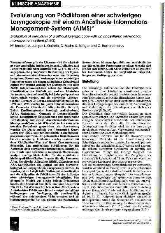 Vorschauseite 1: Evaluierung von Prädiktoren einer schwierigen Laryngoskopie mit einem Anästhesie-Informations-Management-System (AIMS)