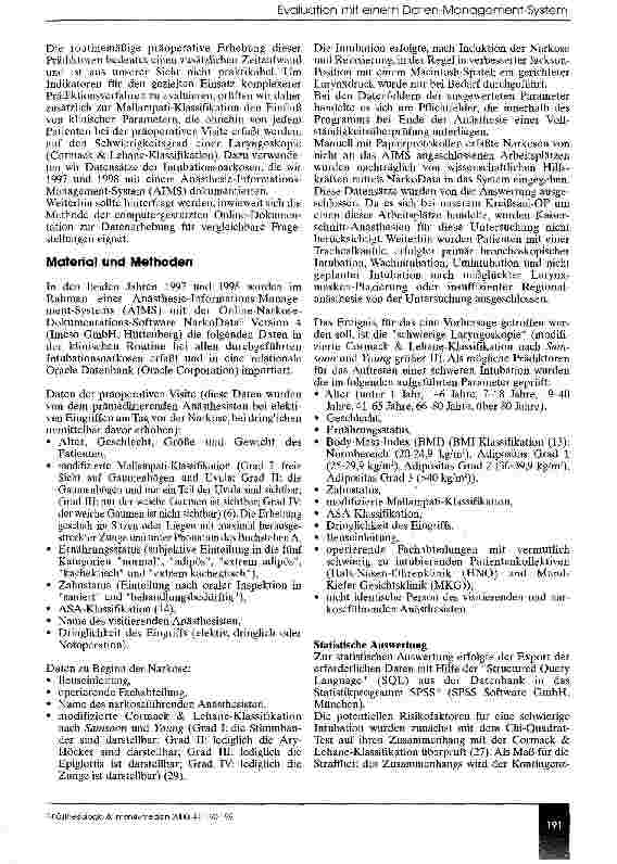 Vorschauseite 2: Evaluierung von Prädiktoren einer schwierigen Laryngoskopie mit einem Anästhesie-Informations-Management-System (AIMS)