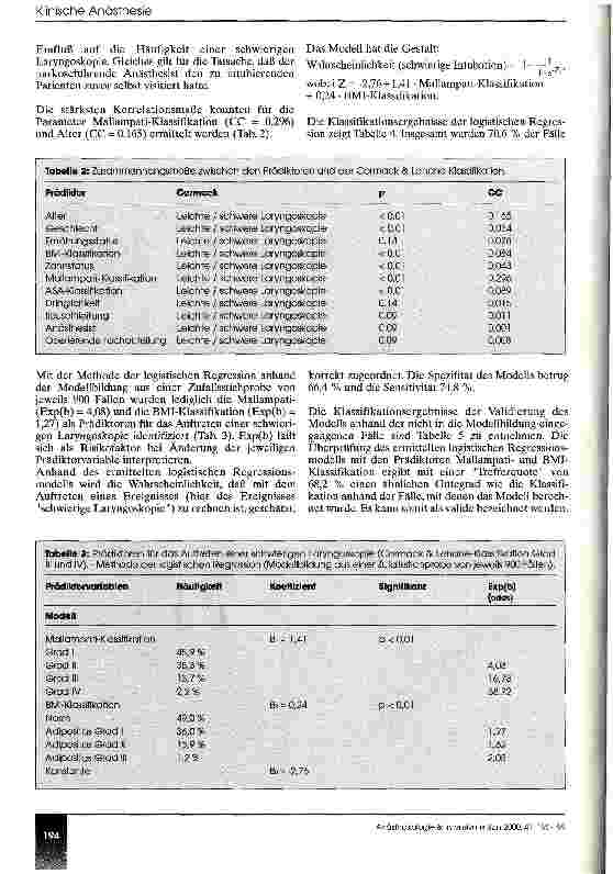 Vorschauseite 5: Evaluierung von Prädiktoren einer schwierigen Laryngoskopie mit einem Anästhesie-Informations-Management-System (AIMS)