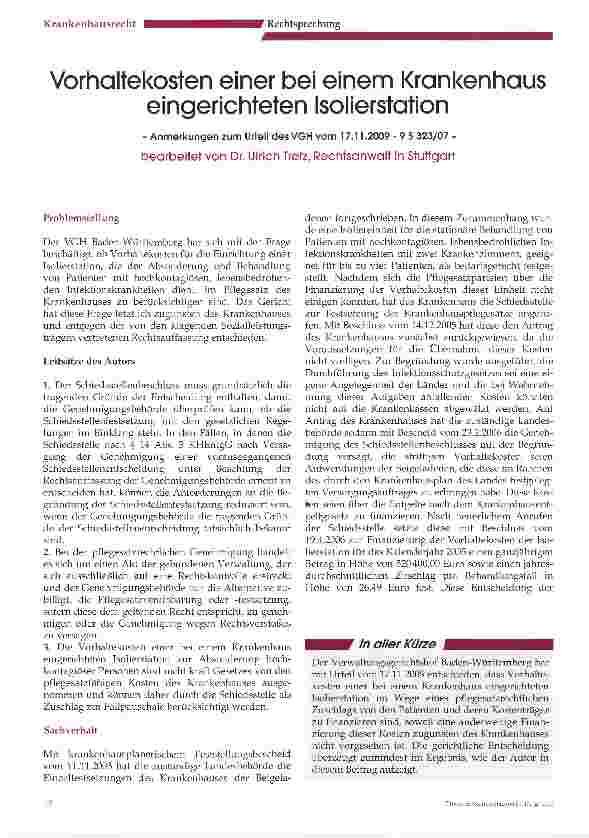 Vorschauseite 1: Vorhaltekosten einer bei einem Krankenhaus eingerichteten Isolierstation