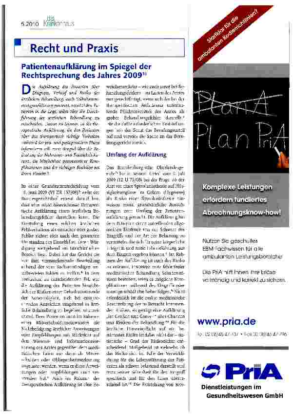 Vorschauseite 1: Patientenaufklärung im Spiegel der Rechtsprechung des Jahres 20091