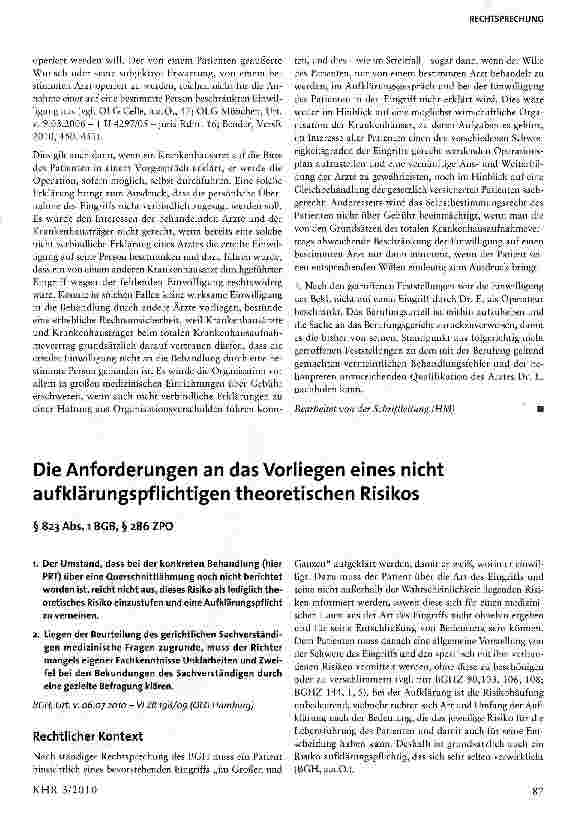 Vorschauseite 1: Die Anforderungen an das Vorliegen eines nicht aufklärungspflichtigen theoretischen Risikos