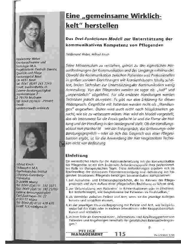Vorschauseite 1: Eine gemeinsame Wirklichkeit herstellen Das Drei-Funktionen-Modell zur Unterstützung der kommunikativen Kompetenz von Pflegenden