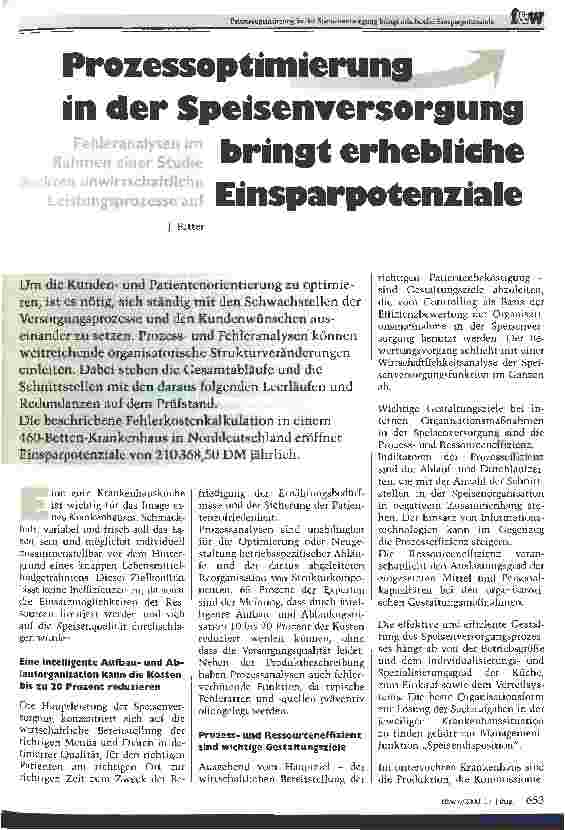 Vorschauseite 1: Prozessoptimierung in der Speisenversorgung bringt erhebliche Einsparpotenziale Fehleranalysen durch eine Studie decken unwirtschaftliche Leistungsprozesse auf