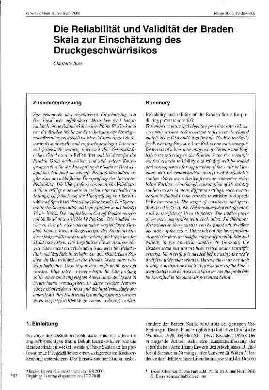 Vorschauseite 1: Die Reliabilität und Validität der Braden Skala zur Einschätzung des Druckgeschwürrisikos