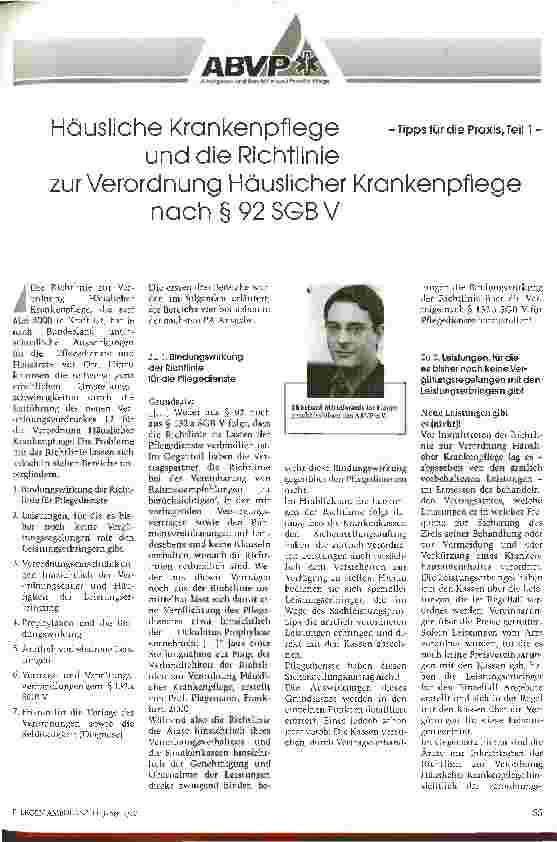 Vorschauseite 1: Häusliche Krankenpflege und die Richtlinie zur Verordnung Häuslicher Krankenpflege nach § 92 SGB V Tipps für die Praxis, Teil 1