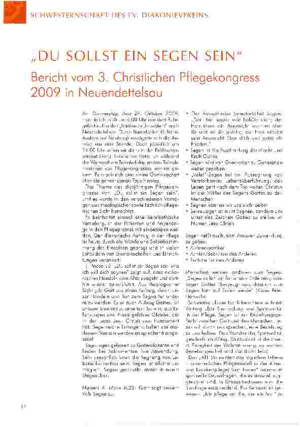 Vorschauseite 1: „DU SOLLST EIN SEGEN SEIN Bericht vom 3. Christlichen Pflegekongress 2009 in Neuendettelsau