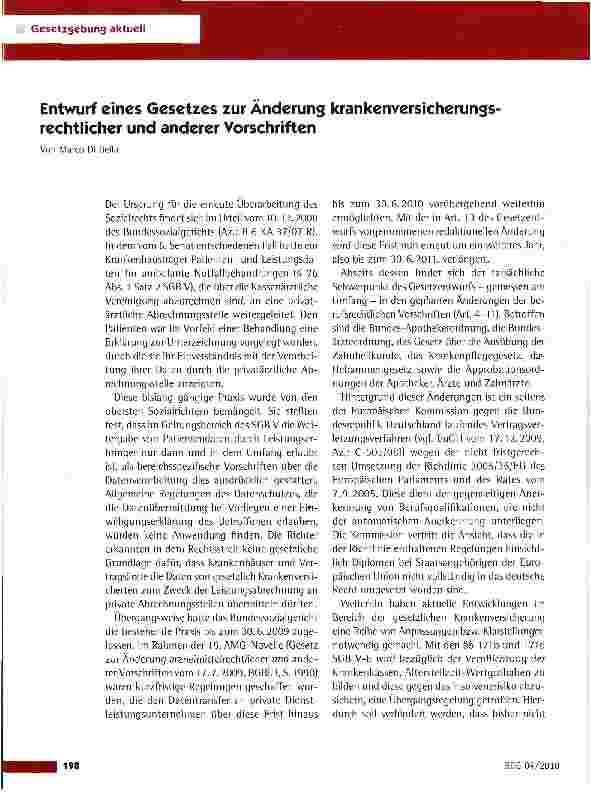 Vorschauseite 1: Entwurf eines Gesetzes zur Änderung krankenversichemngs-rechtlicher und anderer Vorschriften