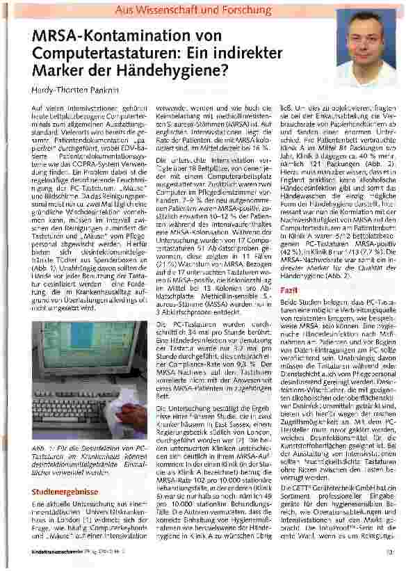 Vorschauseite 1: MRSA-Kontamination von Computertastaturen: Ein indirekter Marker der Händehygiene?