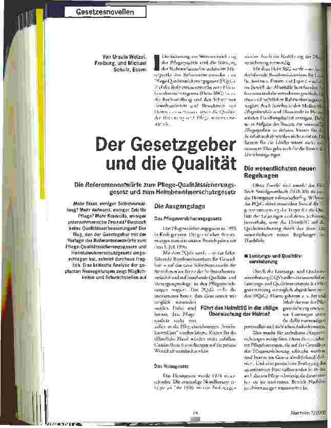 Vorschauseite 1: Der Gesetzgeber und die Qualität Die Referentenentwürfe zum Pflege-Qualitätssicherungsgesetz und zum Heimbewohnerschutzgesetz