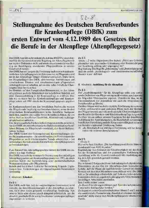 Vorschauseite 1: Stellungnahme des DBfK zum ersten Entwurf vom 4. 12. 89 des Gesetzes über die Berufe in der Altenpflege