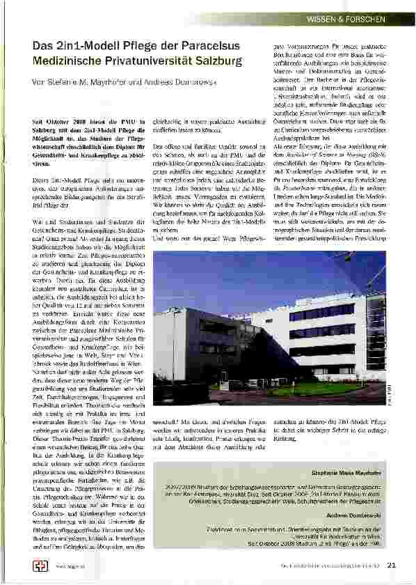 Vorschauseite 1: Das 2inl-Modell Pflege der Paracelsus Medizinische Privatuniversität Salzburg