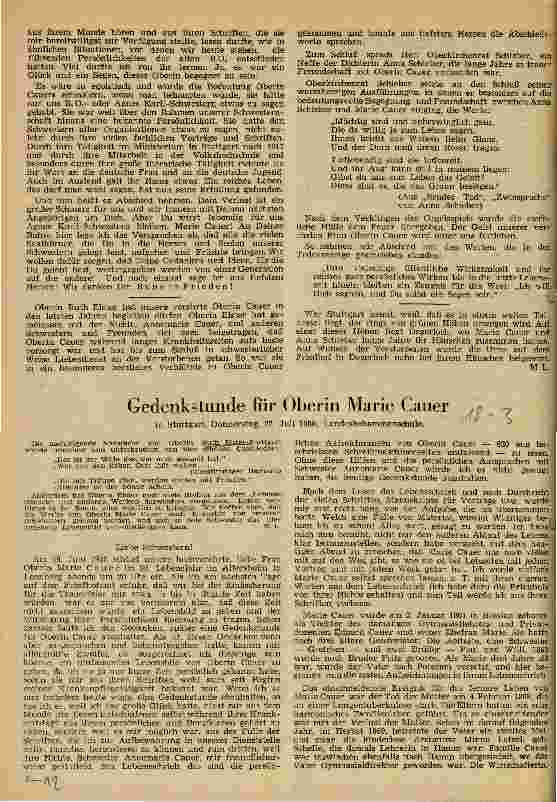 Vorschauseite 1: Gedenkstunde für Oberin Marie Cauer