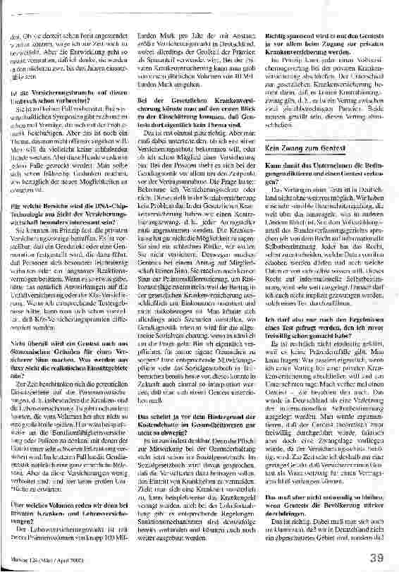 Vorschauseite 2: Diskussion nötig Gendiagnostik und Versicherungen