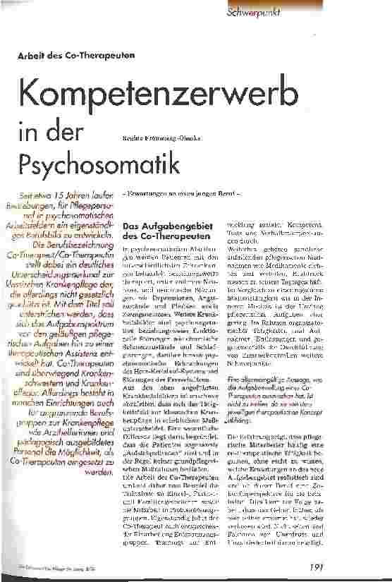 Vorschauseite 1: Kompetenzerwerb in der Psychosomatik Arbeit des Co-Therapeuten - Erwartungen an einen jungen Beruf