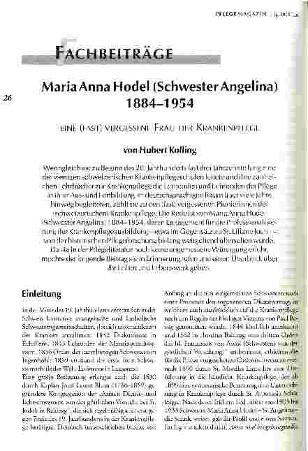 Vorschauseite 1: Maria Anna Hodel (Schwester Angelina) 1884 - 1954 Eine (fast) vergessene Frau der Krankenpflege