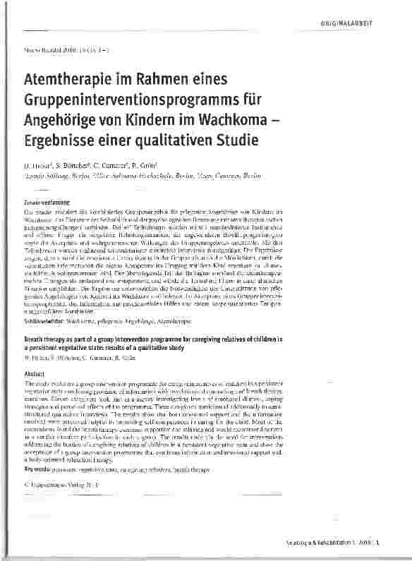Vorschauseite 1: Atemtherapie im Rahmen eines Gruppeninterventionsprogramms für Angehörige von Kindern im Wachkoma Ergebnisse einer qualitativen Studie