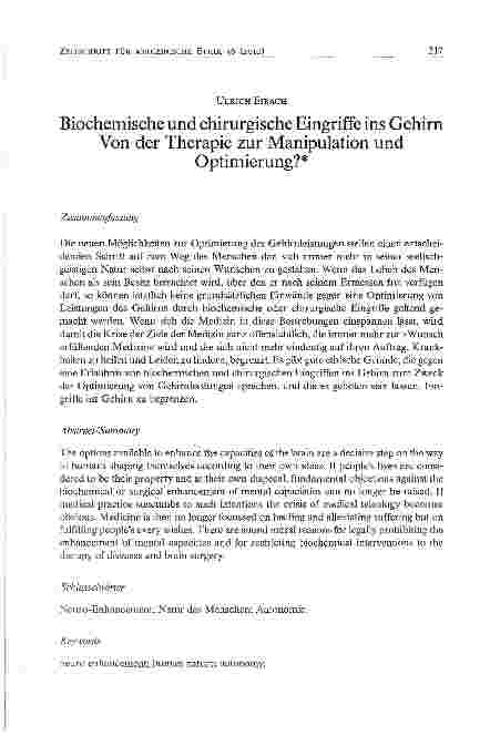 Vorschauseite 1: Biochemische und chirurgische Eingriffe ins Gehirn Von der Therapie zur Manipulation und Optimierung?