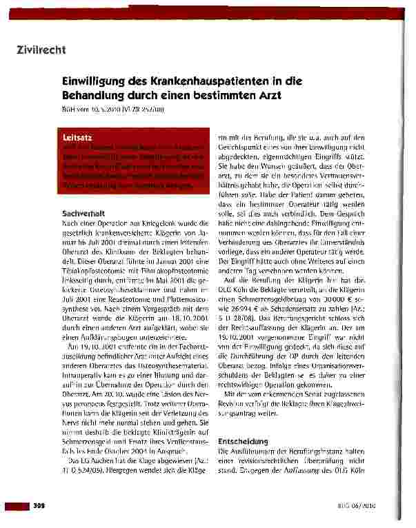 Vorschauseite 1: Einwilligung des Krankenhauspatienten in die Behandlung durch einen bestimmten Arzt