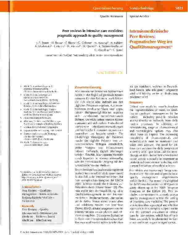 Vorschauseite 1: Intensivmedizinische Peer Reviews: Pragmatischer Weg ins Qualitätsmanagement
