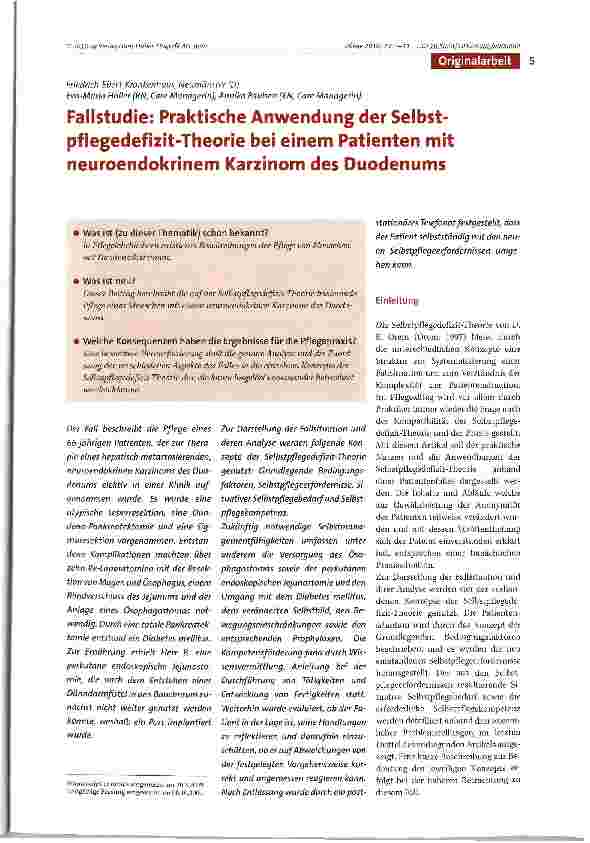 Vorschauseite 1: Fallstudie: Praktische Anwendung der Selbstpflegedefizit-Theorie bei einem Patienten mit neuroendokrinem Karzinom des Duodenums