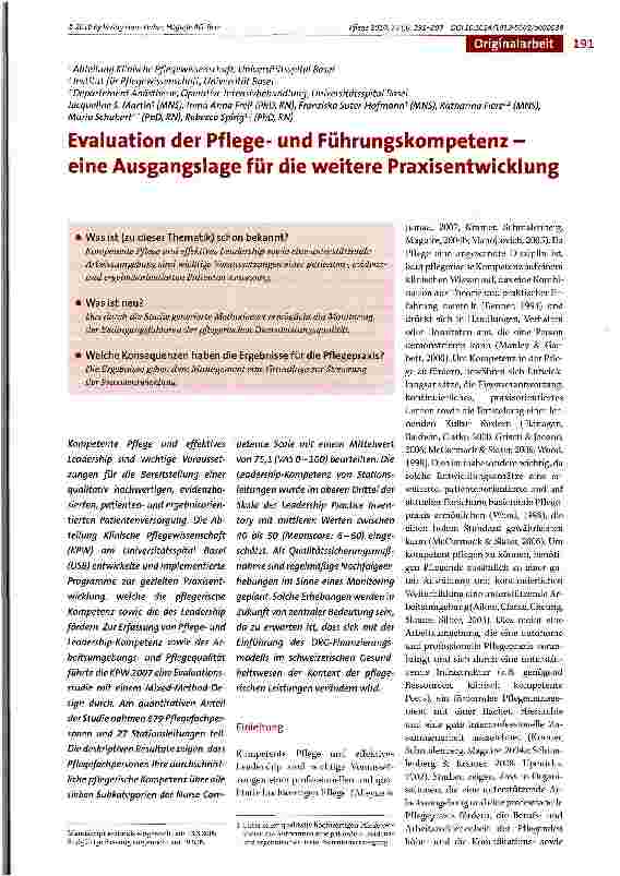 Vorschauseite 1: Evaluation der Pflegeund Führungskompetenz -eine Ausgangslage für die weitere Praxisentwicklung