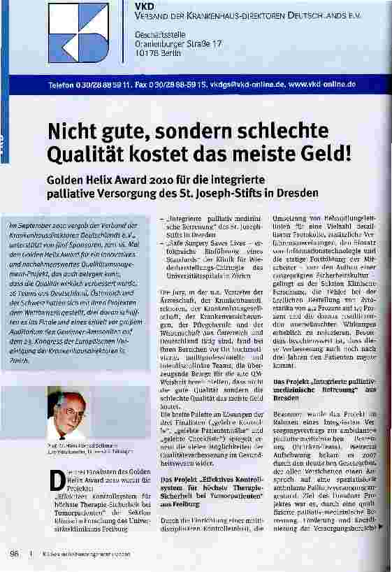 Vorschauseite 1: Nicht gute, sondern schlechte Qualität kostet das meiste Geld! Golden Helix Award 2010 für die integrierte palliative Versorgung des St Joseph-Stifts in Dresden