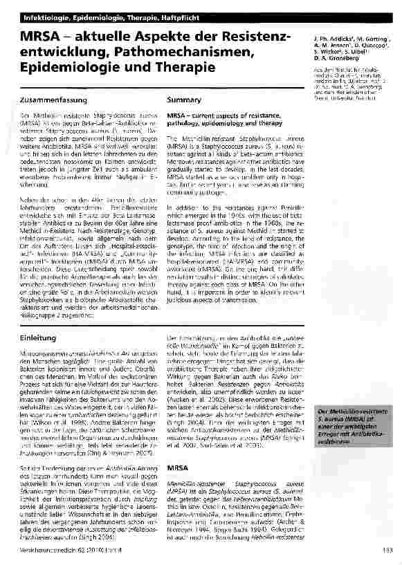 Vorschauseite 1: MRSA - aktuelle Aspekte der Resistenzentwicklung, Pathomechanismen, Epidemiologie und Therapie