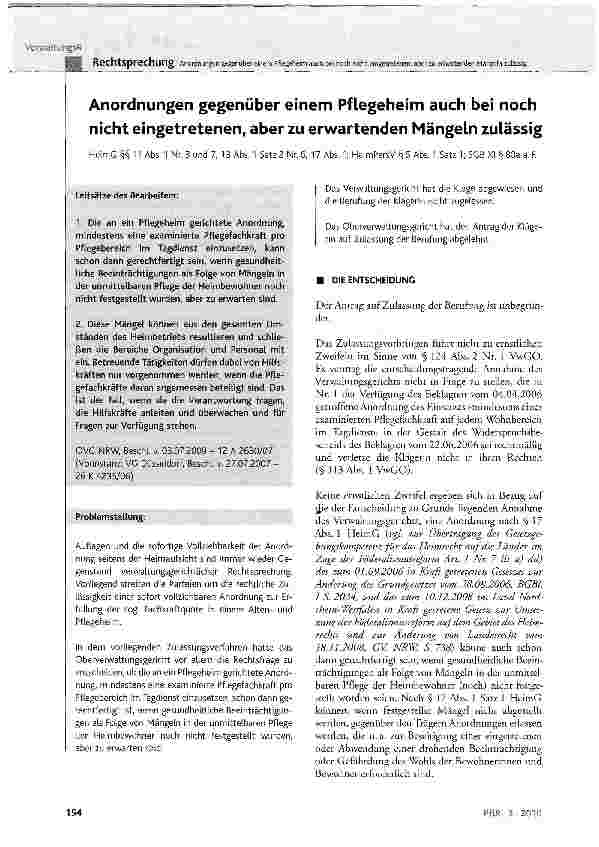 Vorschauseite 1: Anordnungen gegenüber einem Pflegeheim auch bei noch nicht eingetretenen, aber zu erwartenden Mängeln zulässig