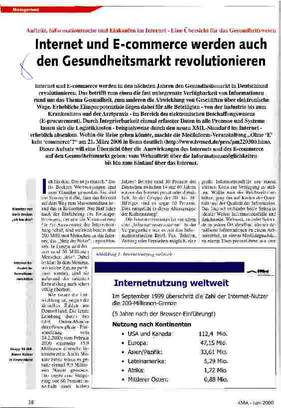 Vorschauseite 1: Internet und E-commerce werden auch den Gesundheitsmarkt revolutionieren Auftritt, Informationssuche und Einkaufen im Internet - Eine Übersicht für das Gesundheitswesen