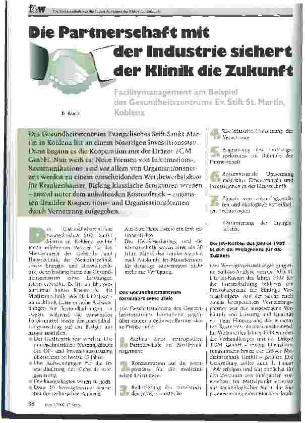 Vorschauseite 1: Die Partnerschaft mit der Industrie sichert der Klinik die Zukunft Facilitymanagement am Beispiel des Gesundheitszentrums Ev. Stift St. Martin, Koblenz