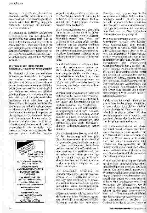 Vorschauseite 2: Überlebensstrategien für Frauenkliniken und gesundheitspolitische Reformschritte aus der Sicht des Hebammenverbandes NRW