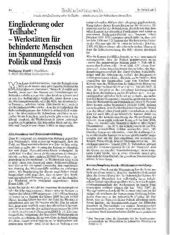 Vorschauseite 1: Eingliederung oder Teilhabe? - Werkstätten für behinderte Menschen im Spannungsfeld vonPolitik und Praxis